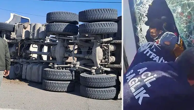 Aksaray'da Kamyon Virajda Devrildi, Kaza Anı Gözler Önünde